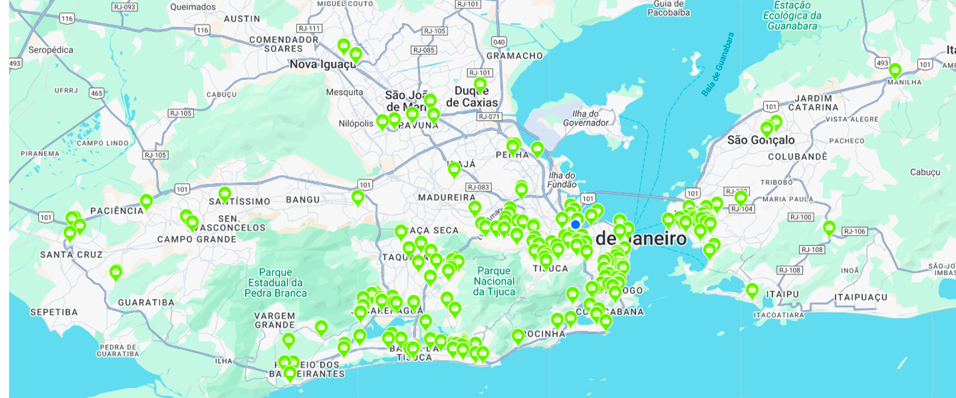 Mapa da região metropolitana do Rio de Janeiro com os condomínios atendidos pela Roda marcados em verde, da Zona Oeste a Niterói e São Gonçalo